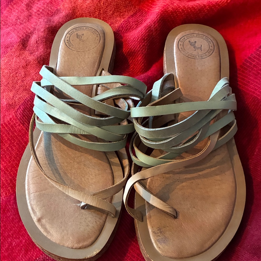 Women's Leather Strappy Flat Sandals in Light Green and Tan